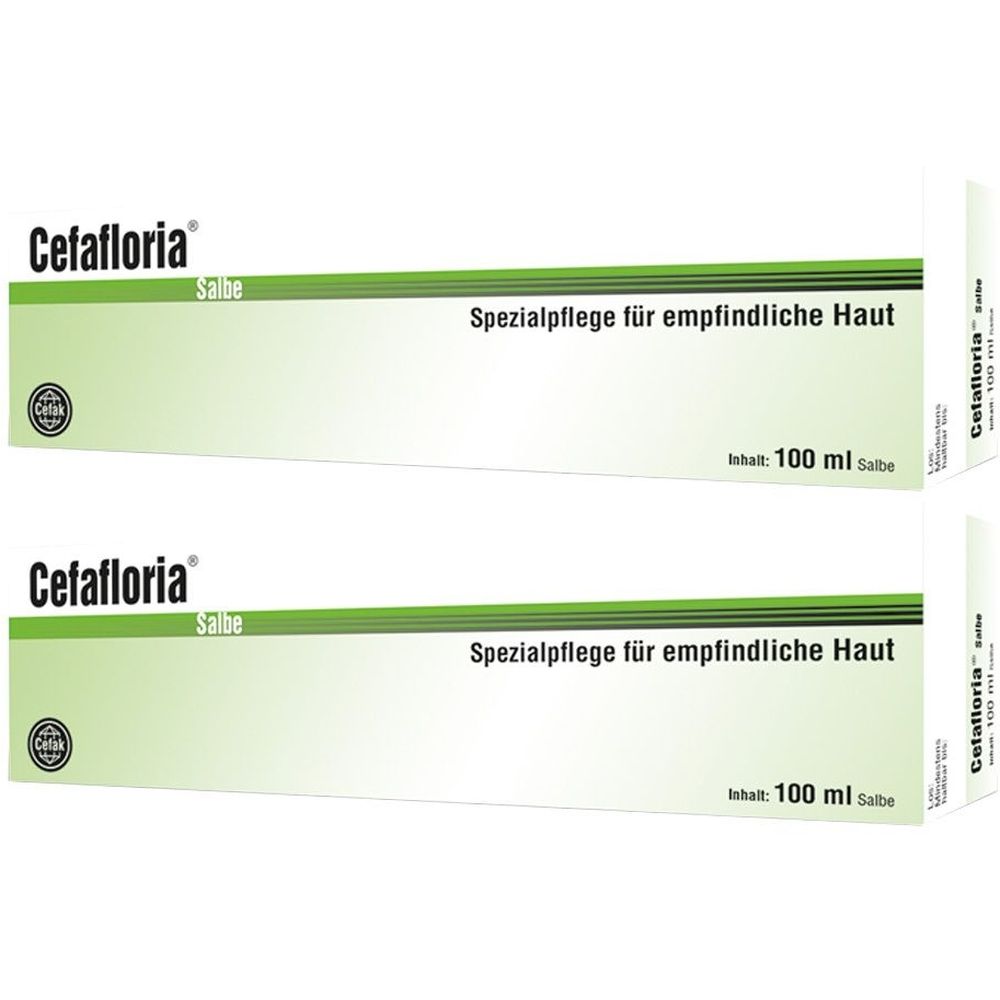 Zwei weiße Kartons mit grünen Akzenten. Aufschrift: Cefafloria Salbe, Spezialpflege für empfindliche Haut. Inhalt: 100 ml.
