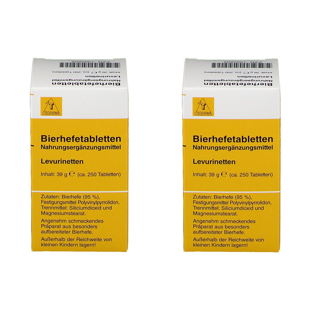 Zwei rechteckige Schachteln. Aufschrift: Bierhefetabletten, Nahrungsergänzungsmittel, Levurinetten. Gelb-weißes Design.