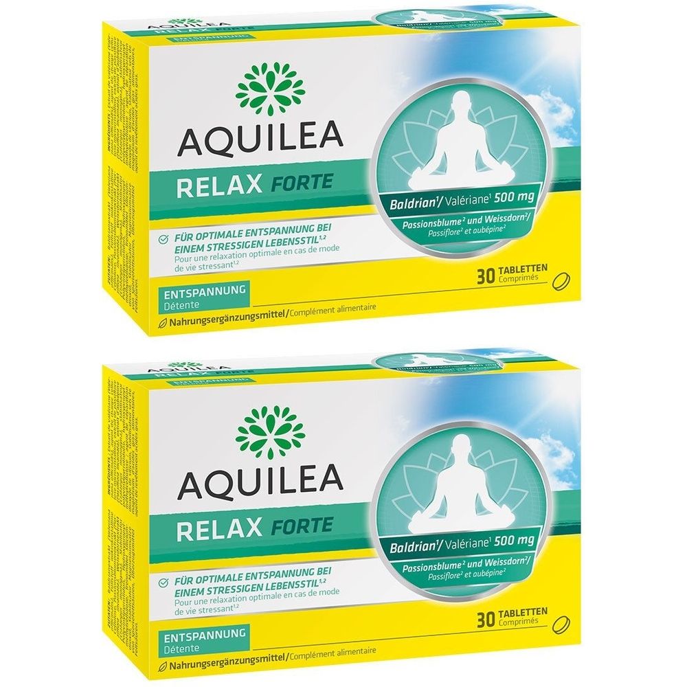 Zwei Schachteln AQUILEA Relax Forte. Gelbe Verpackung mit grünen und weißen Elementen. Enthält 30 Tabletten. Aufschrift: Baldrian/Valeriane 500 mg.
