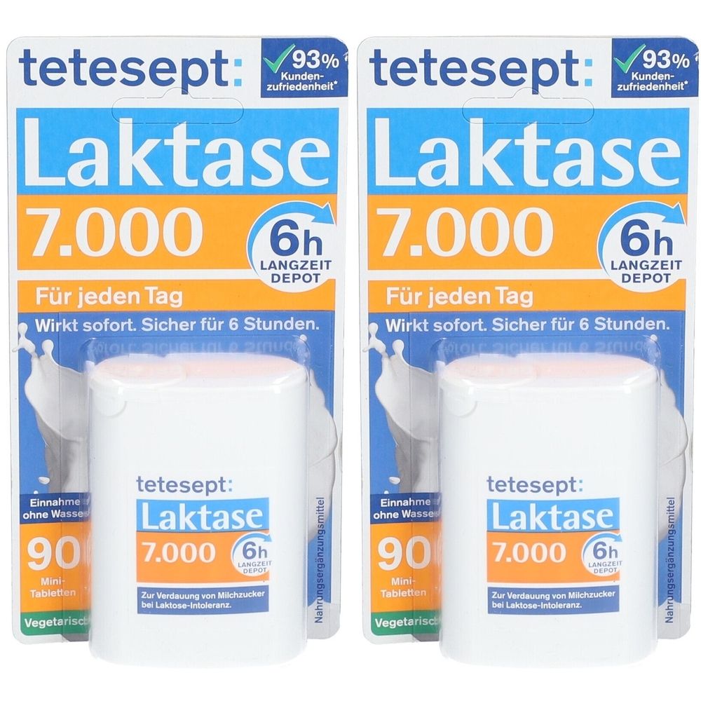Zwei Packungen tetesept Laktase 7.000. Weiße Tabletten-Behälter mit blauer und orangefarbener Verpackung. Text: 93% Kundenzufriedenheit.