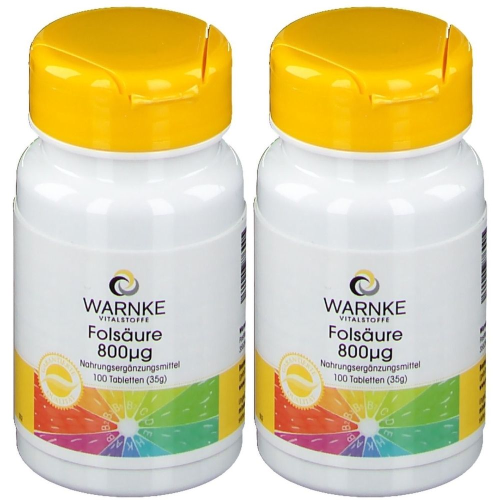 Zwei weiße Flaschen mit gelben Deckeln. Aufschrift: WARNKE Folsäure 800µg, Nahrungsergänzungsmittel. 100 Tabletten.