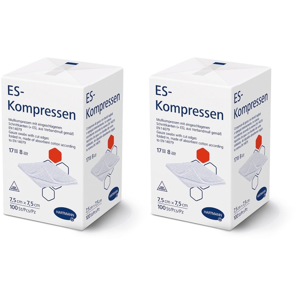 Zwei weiße Kartons mit ES-Kompressen-Aufdruck. Aufdrucke: 7,5x7,5 cm, 100 Stk/Pz. Produktname und weitere Informationen in deutscher Sprache.