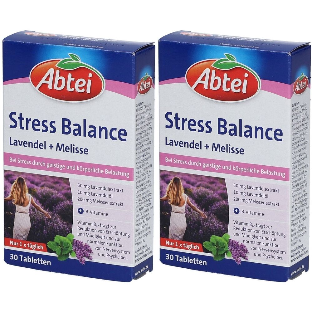 Zwei Schachteln Abtei Stress Balance. Blaue Verpackung mit Produktnamen und Inhaltsstoffen. 30 Tabletten.
