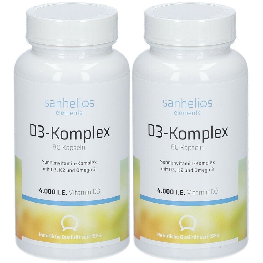 Zwei weiße Flaschen mit Schraubverschluss. Aufschrift: Sanhelios D3-Komplex, 80 Kapseln, 4.000 I.E. Vitamin D3. Natürliche Qualität seit 1925.