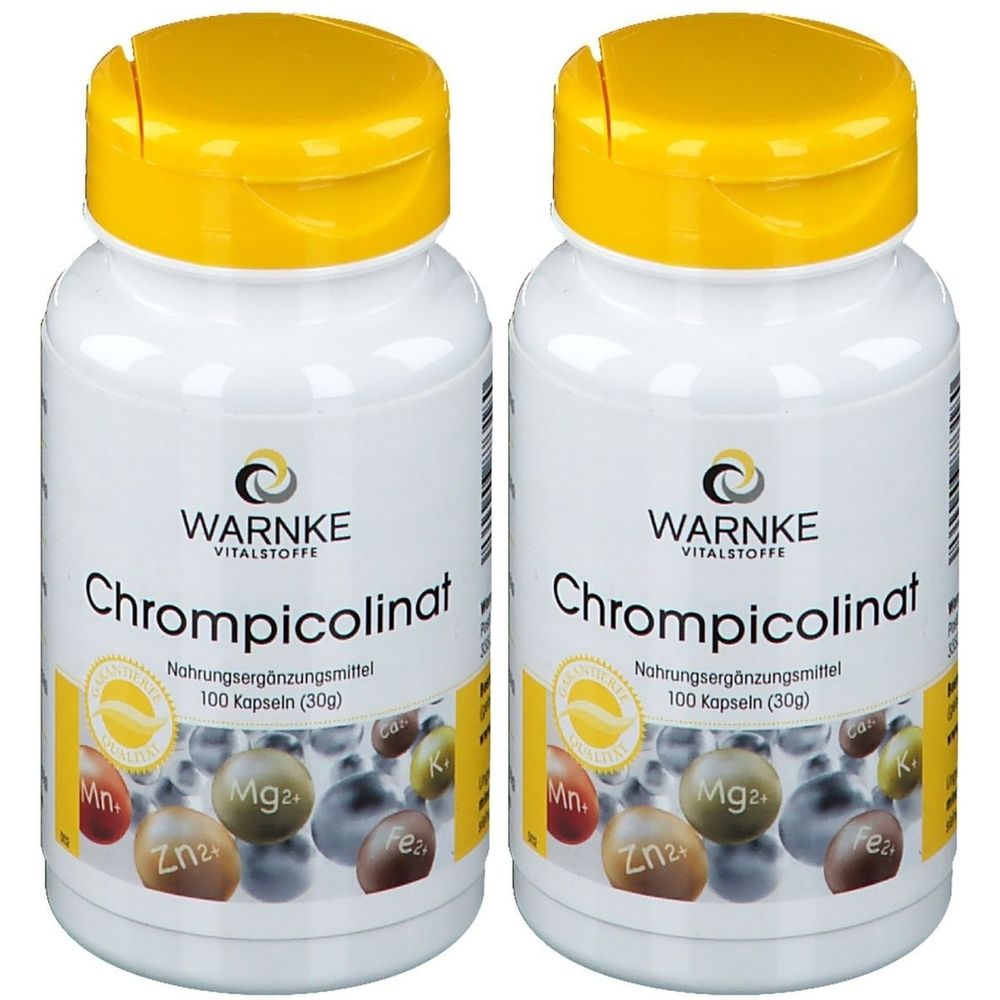 Zwei weiße Flaschen mit gelbem Deckel. Aufschrift: WARNKE, Chrompicolinat. Nahrungsergänzungsmittel. 100 Kapseln. Mineralien-Abbildung.