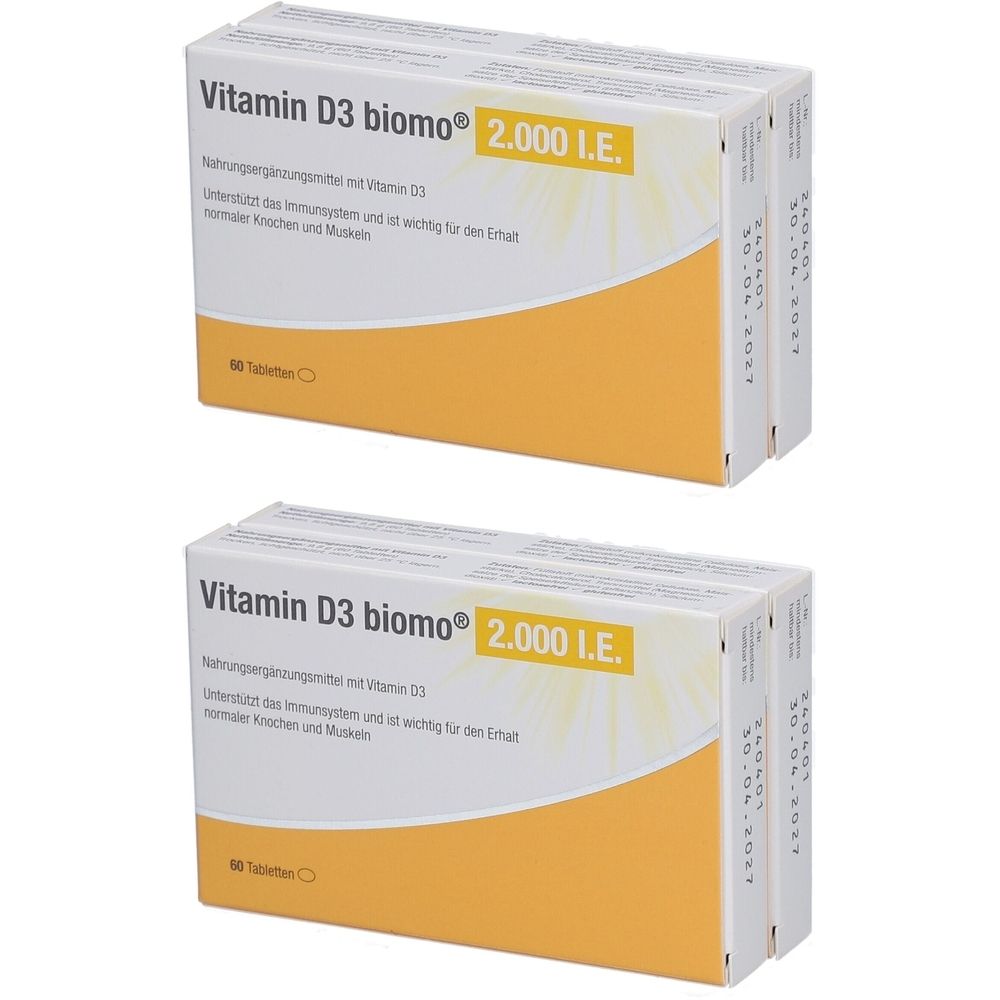 Zwei Schachteln Vitamin D3 biomo 2.000 I.E. Nahrungsergänzungsmittel. Weiße Verpackung mit gelbem Akzent und Produktinformationen.