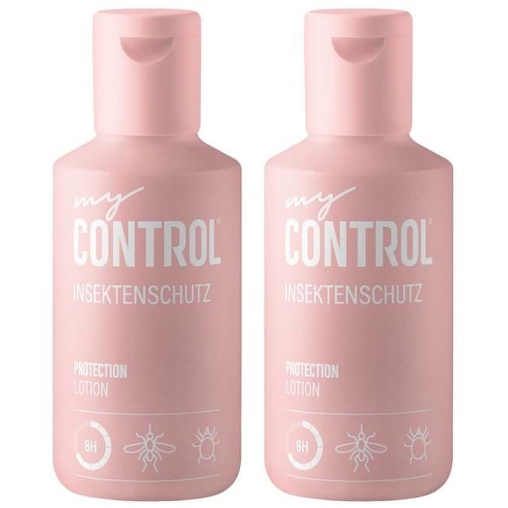 Zwei rosa Flaschen mit weißem Aufdruck. Beschriftung: my CONTROL Insektenschutz, Protection Lotion. Mit Insekten-Symbolen.