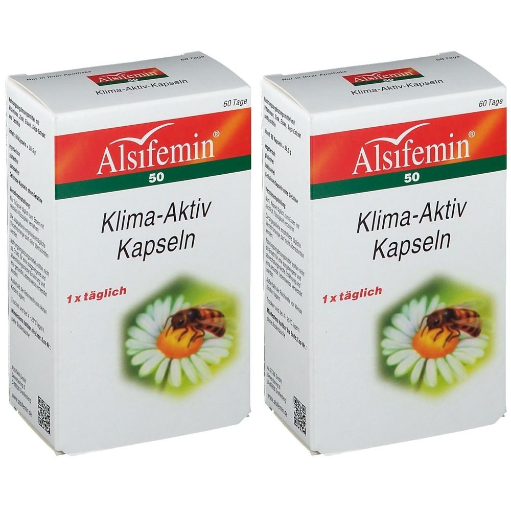 Zwei Schachteln mit "Alsifemin 50 Klima-Aktiv Kapseln". Aufschrift "1x täglich" und Bild einer Biene auf Blüte. 60 Tage.