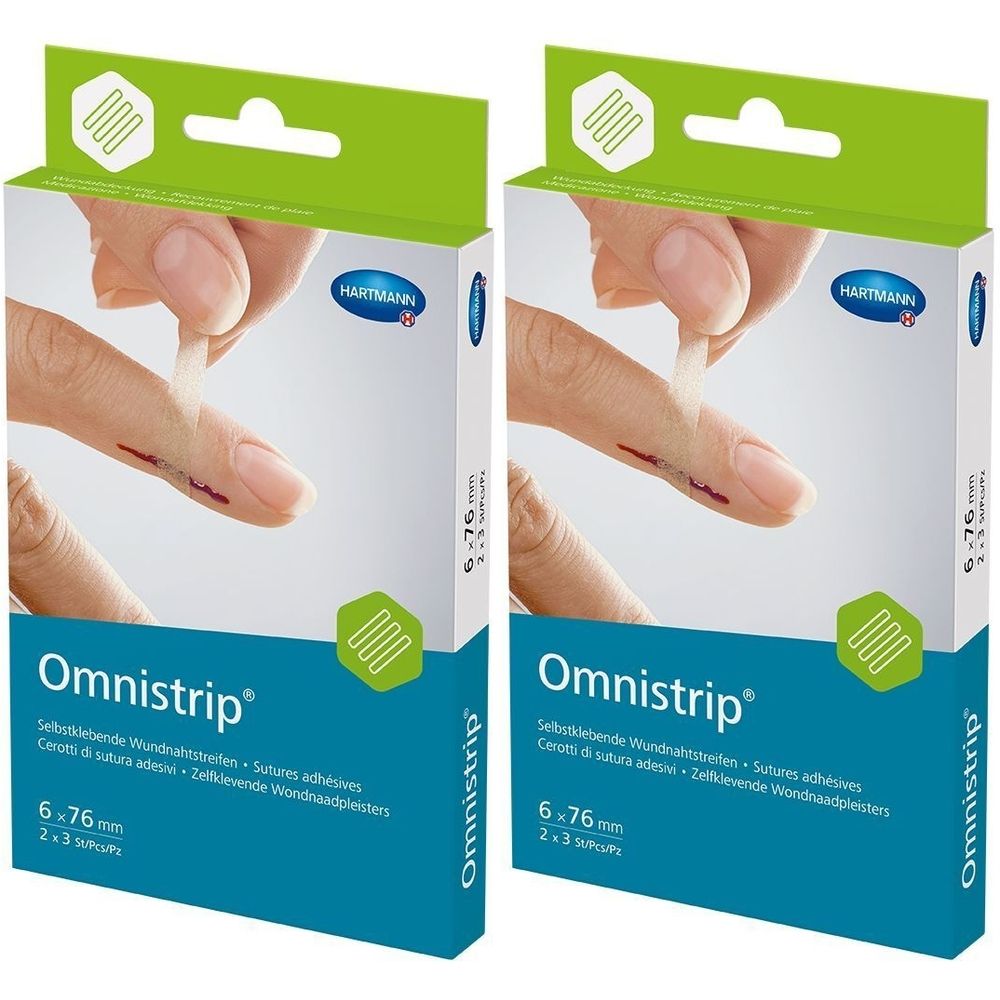 Zwei Packungen Omnistrip Wundnahtstreifen. Auf jeder Packung ist ein Finger mit Wunde abgebildet, auf dem ein Streifen angebracht wird. Größe: 6 x 76 mm.