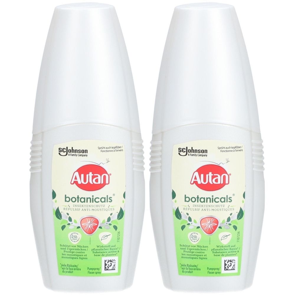 Zwei weiße Pumpspray-Flaschen. Auf den Etiketten steht "Autan botanicals".