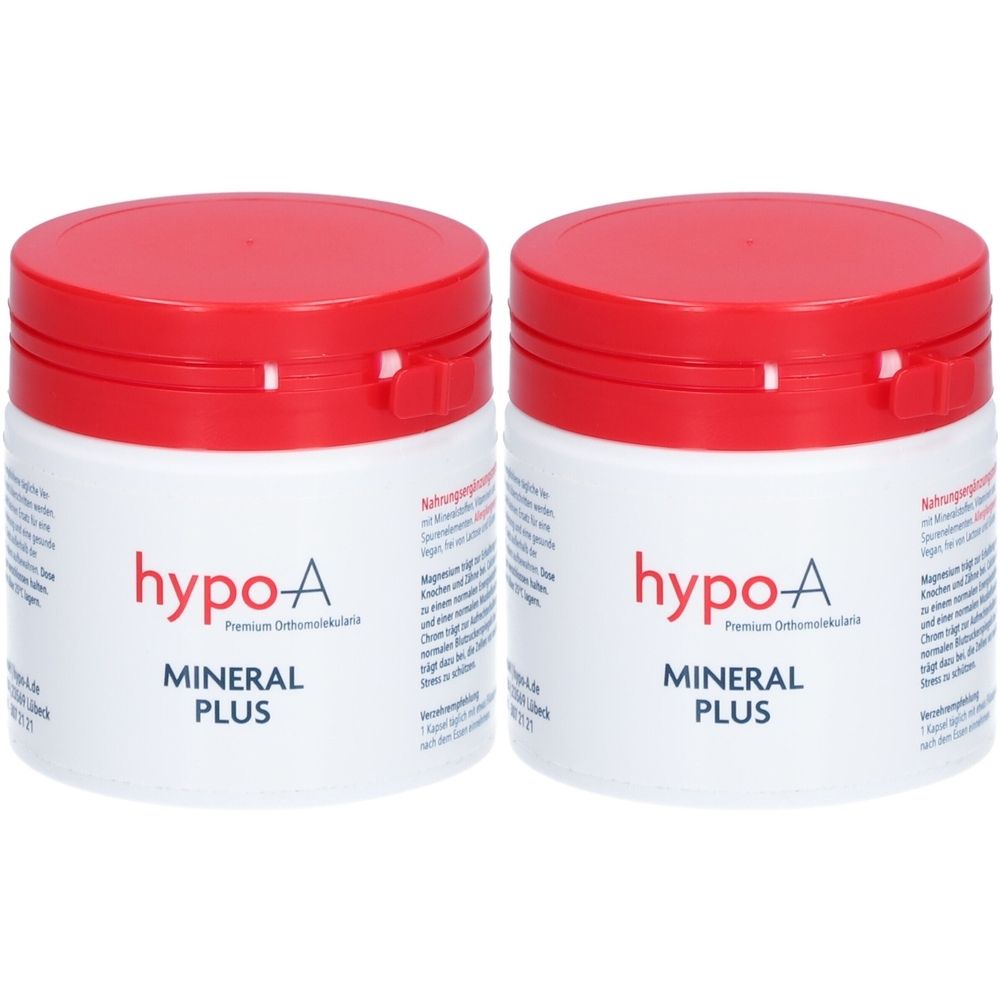 Zwei weiße Dosen mit roten Deckeln. Aufschrift: hypo-A MINERAL PLUS. Premium Orthomolekulara. Text auf der Seite.