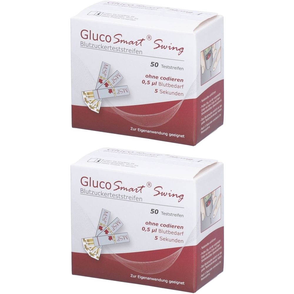 Zwei Packungen GLUCOSMART® Swing Blutzuckerteststreifen. Jede Packung enthält 50 Teststreifen. Aufdrucke: ohne codieren, 0,5 µl Blutbedarf, 5 Sekunden.