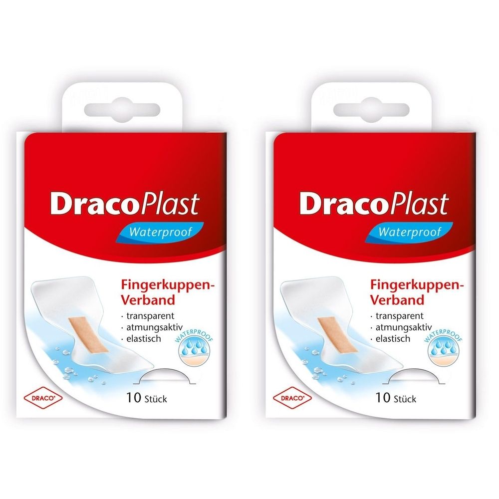 Zwei Packungen Fingerkuppenpflaster. Rote und weiße Verpackung mit Produktnamen und Eigenschaften. 10 Stück pro Packung.