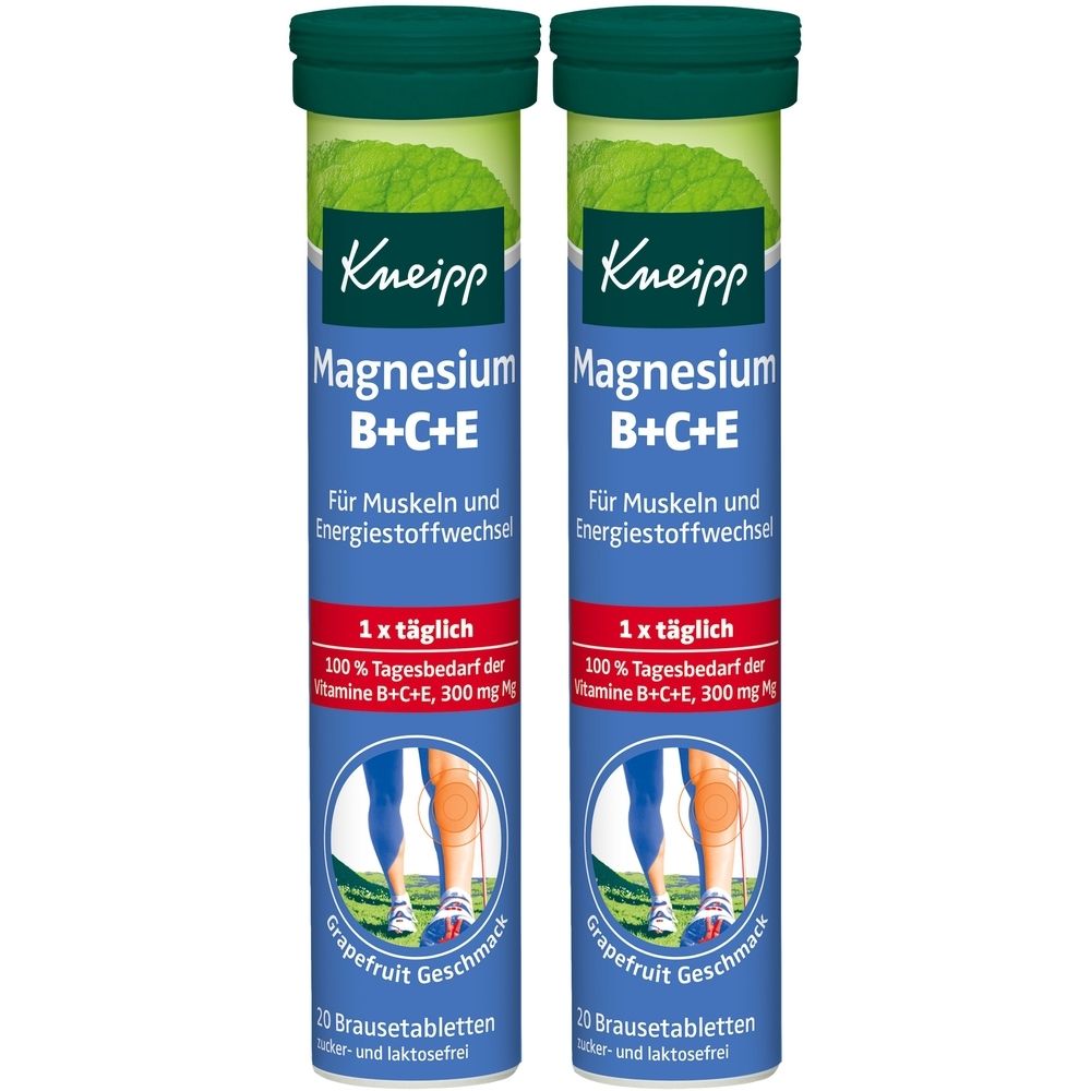 Zwei zylindrische Behälter mit grünen Deckeln. Aufschrift: Kneipp Magnesium B+C+E. Enthält 20 Brausetabletten. Geschmack: Grapefruit.