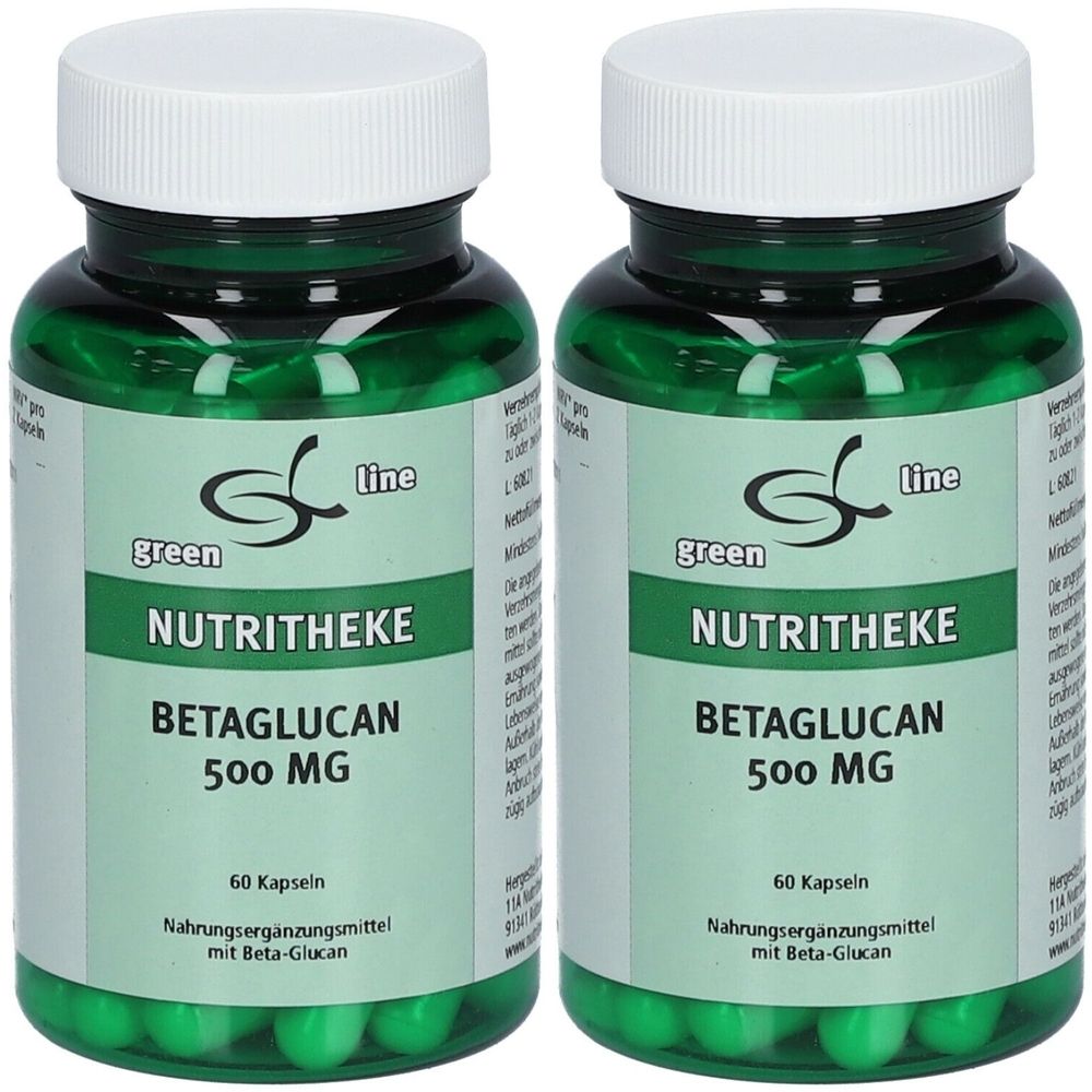 Zwei grüne Flaschen mit weißen Deckeln. Aufschrift: green line NUTRITHEKE BETAGLUCAN 500 MG. 60 Kapseln. Nahrungsergänzungsmittel.