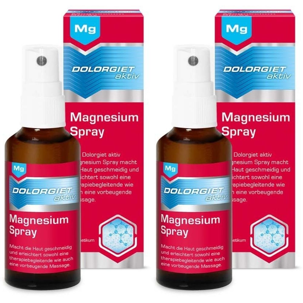Zwei Flaschen Magnesium Spray mit roter Verpackung. Aufschrift: DOLORGIET aktiv, Magnesium Spray. Braune Flaschen, weißer Sprühkopf.