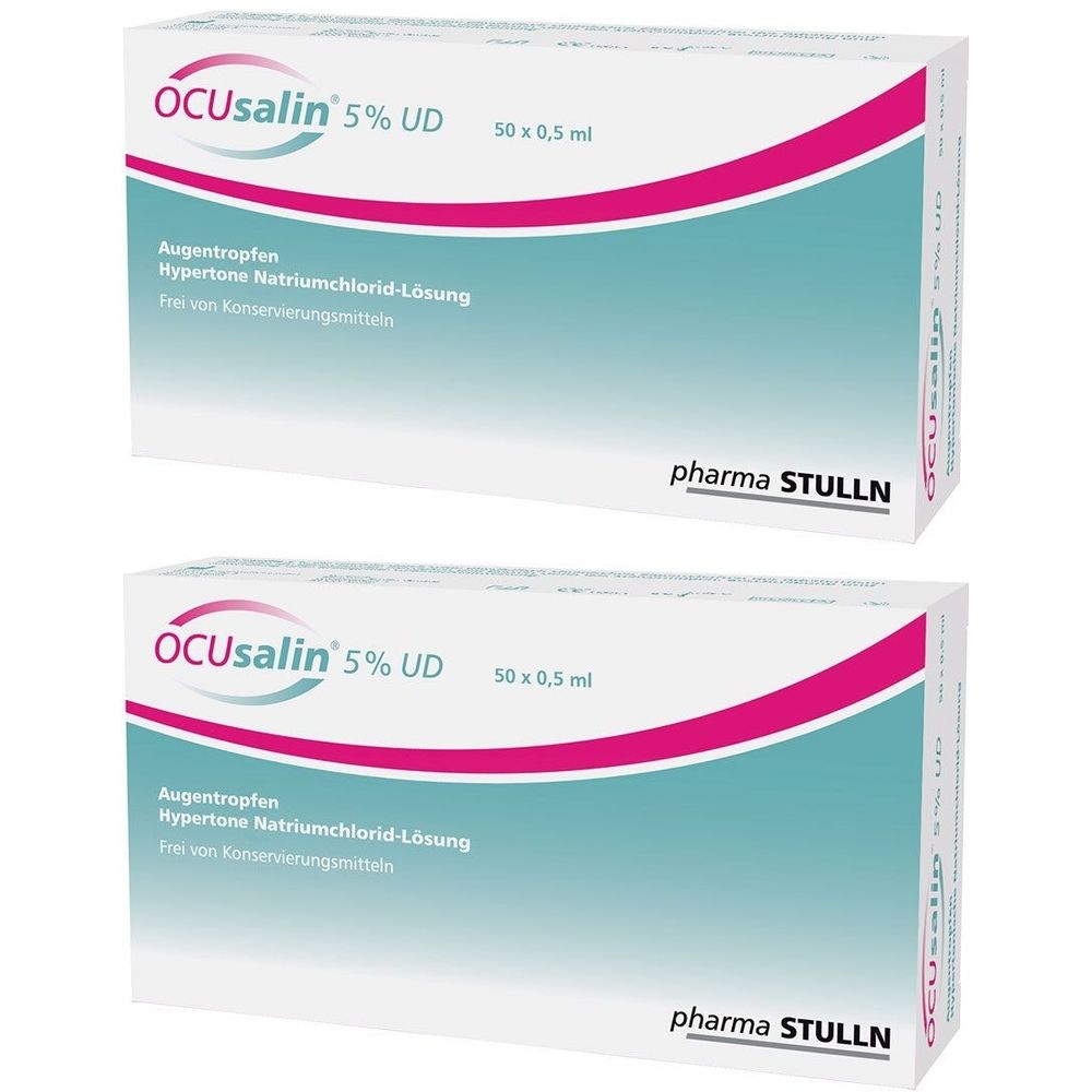 Zwei weiße Kartons mit rosa und türkisfarbenen Akzenten. Aufschrift: OCUsalin 5% UD, Augentropfen, 50 x 0,5 ml. Marke: pharma STULLN.