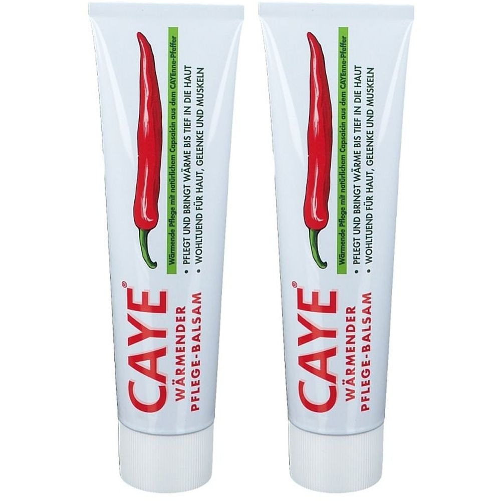 Zwei Tuben CAYE® Wärmender Pflege-Balsam. Weiße Tuben mit rotem Chili-Pfeffer-Motiv. Text: Wärmt, pflegt Haut, Gelenke, Muskeln.