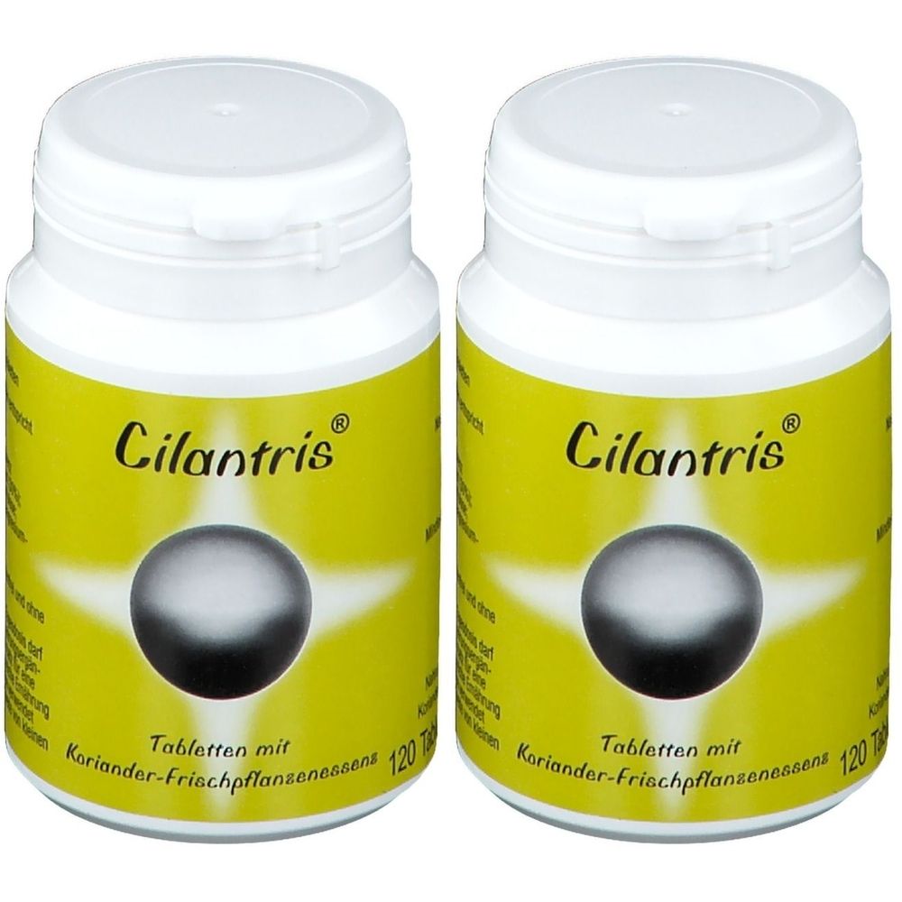 Zwei weiße Flaschen mit dem Produktnamen "Cilantris". Gelbes Etikett mit schwarzem Kreis und Text. Deckel weiß.