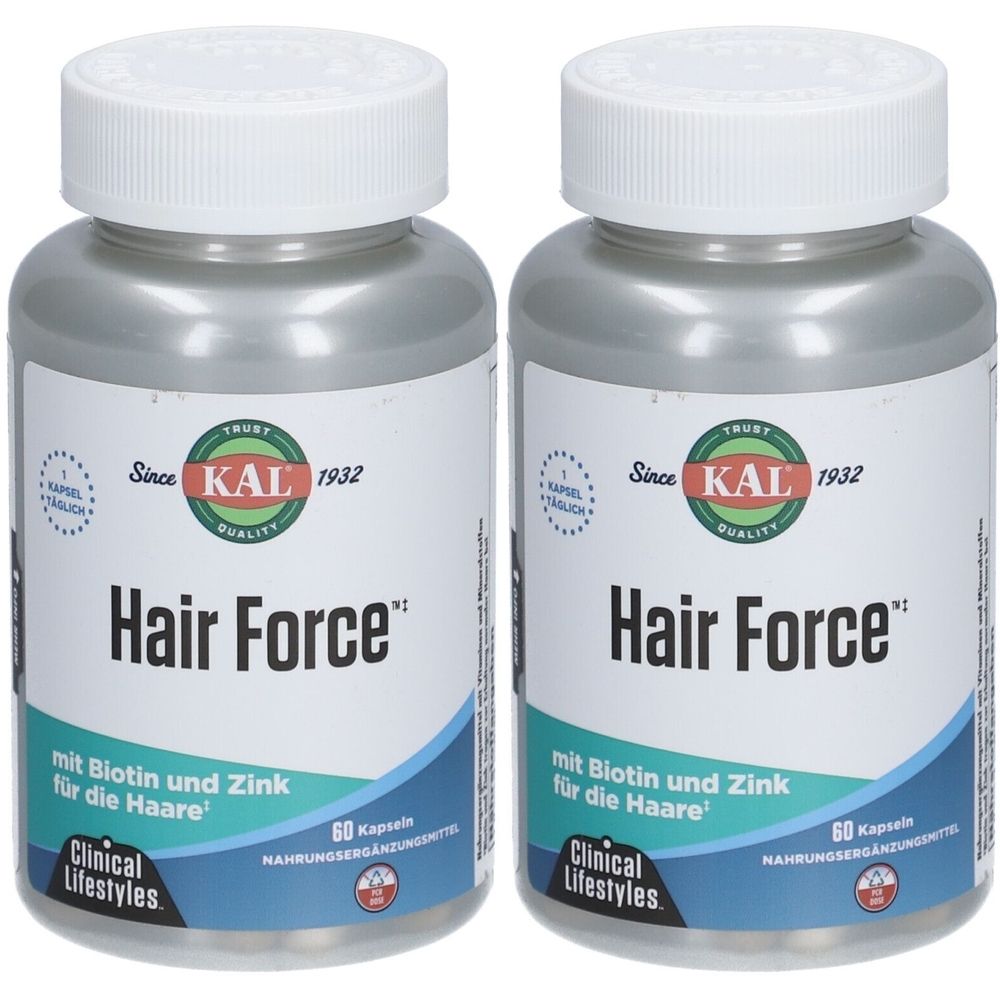 Zwei Flaschen KAL Hair Force. Graue Flaschen mit weißem Deckel. Aufschrift: Hair Force, mit Biotin und Zink. 60 Kapseln.