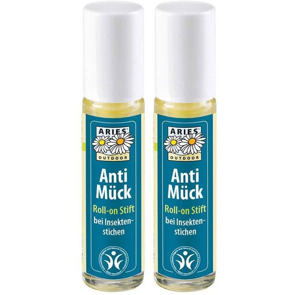Zwei Roll-on-Stifte mit weißem Deckel. Blaue Etiketten mit Text: ARIES OUTDOOR Anti Mück Roll-on Stift bei Insektenstichen.