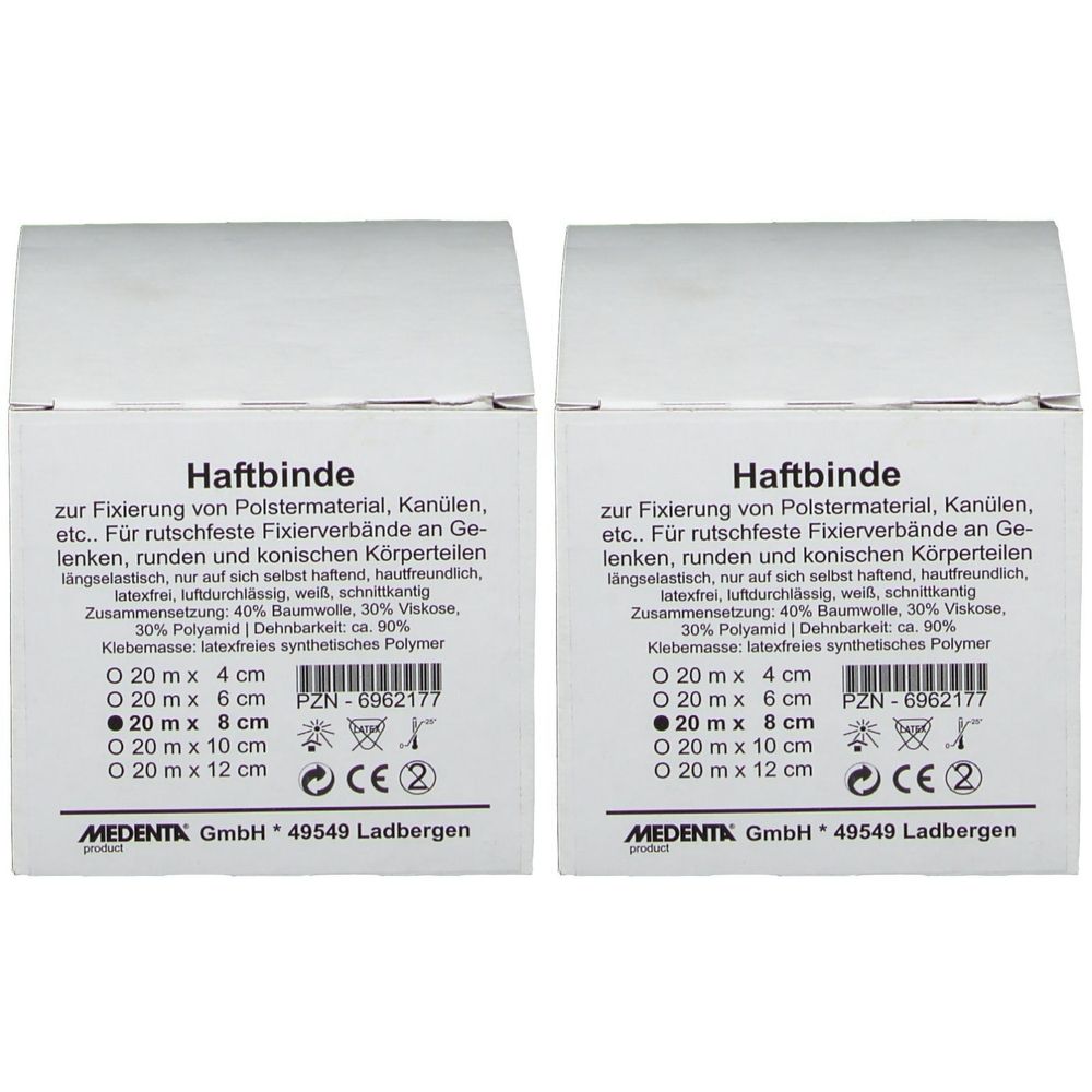 Zwei weiße Kartons mit Produktinformationen. Aufschrift: Haftbinde. Größenangaben: 20 m x 8 cm. Hersteller: MEDENTA GmbH.