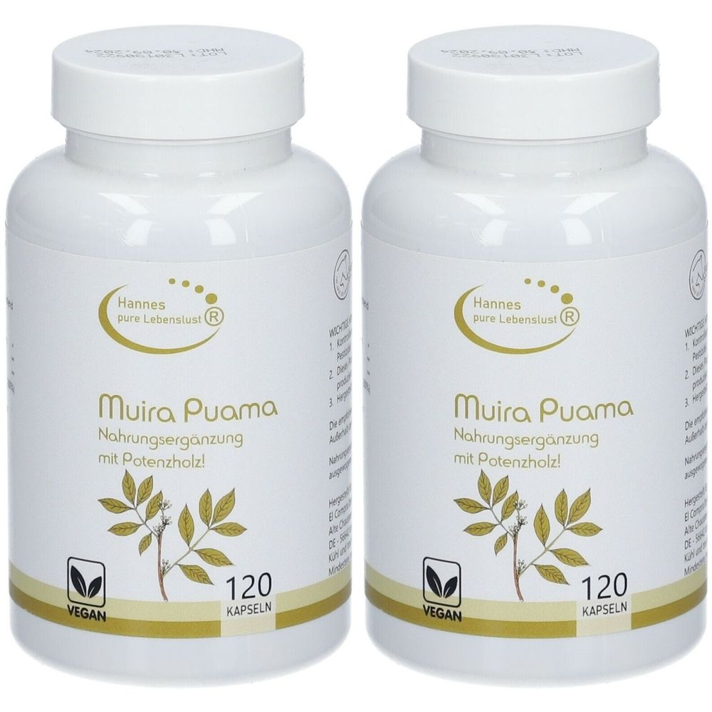 Zwei weiße Flaschen mit dem Produktnamen "Muira Puama". Aufschrift: "Hannes pure Lebenslust". Vegan-Siegel und 120 Kapseln.