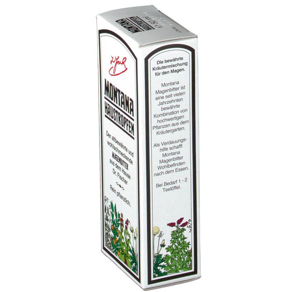 Schachtel MONTANA HAUSTROPFEN mit Kräutermotiv, Hersteller- und Anwendungsinformationen.
