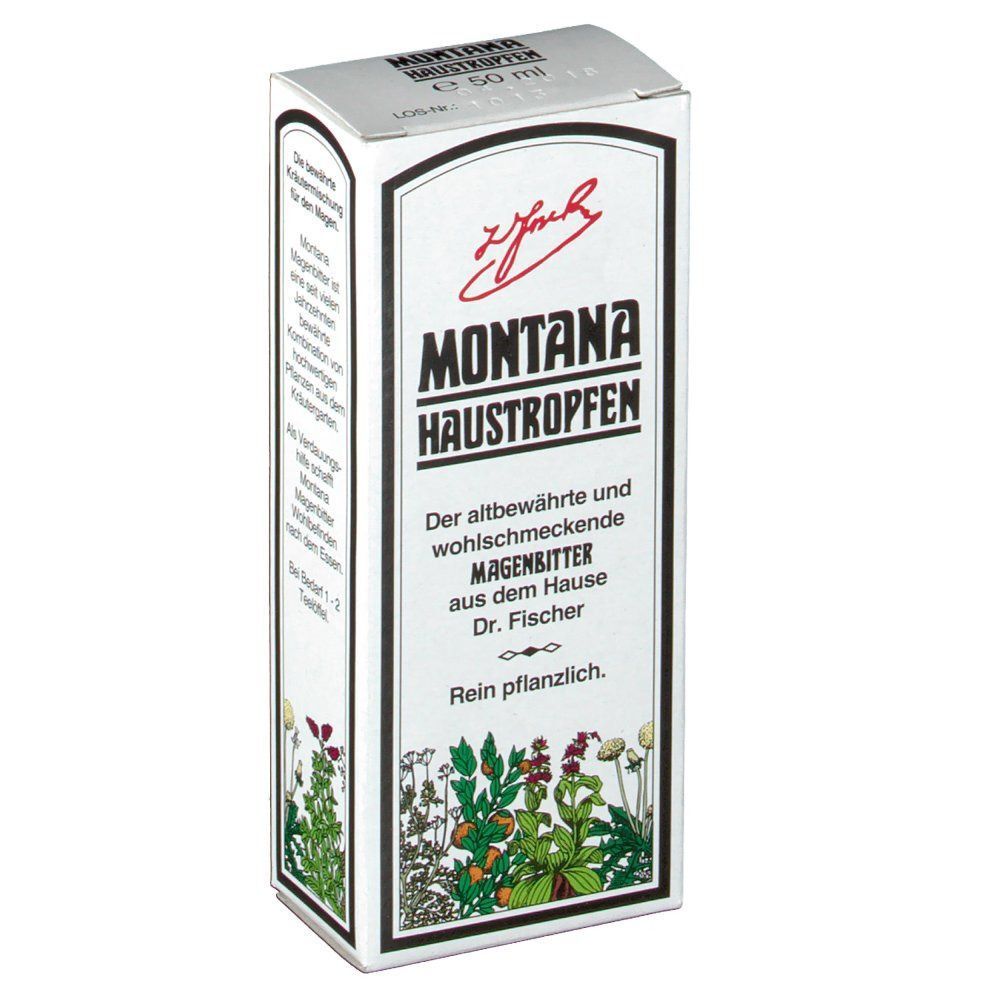 Schachtel MONTANA HAUSTROPFEN mit Kräutermotiv und Angabe "50 ml".