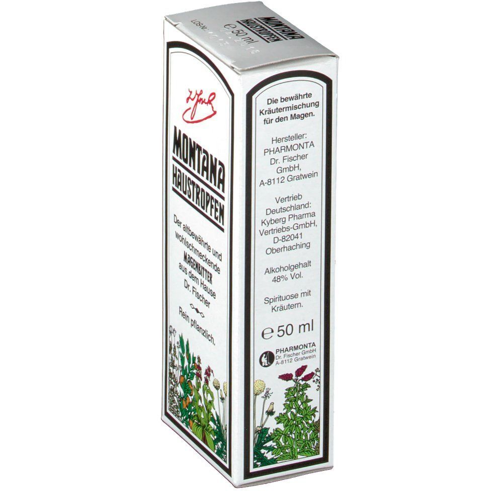 Schachtel MONTANA HAUSTROPFEN mit Kräutermotiv, Hersteller- und Anwendungsinformationen, 48% Vol.