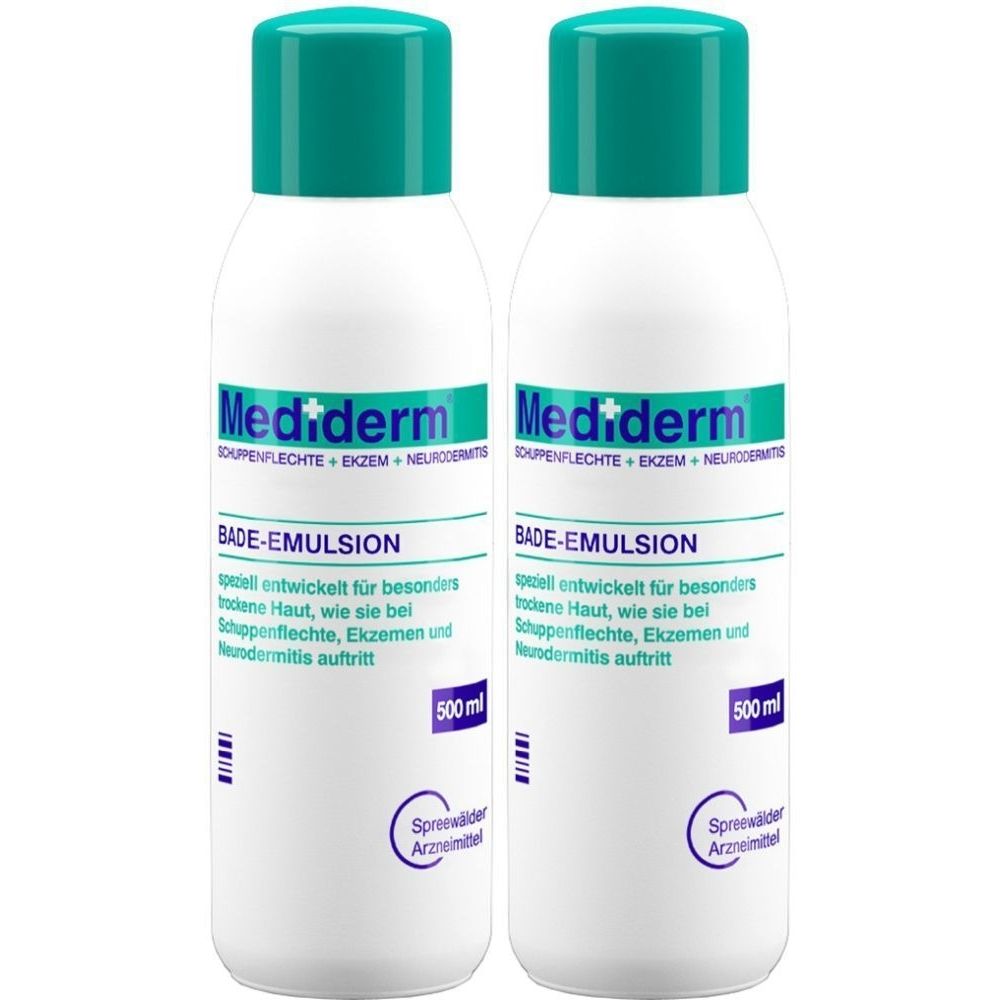 Zwei weiße Flaschen mit grünen Deckeln. Aufschrift: Mediderm Bade-Emulsion. Enthält 500 ml. Spreewälder Arzneimittel.