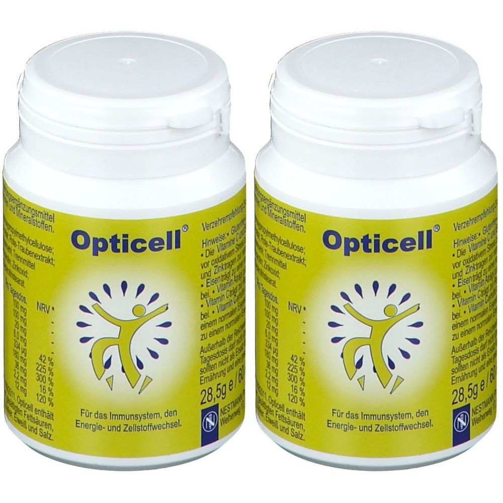 Zwei weiße Flaschen mit gelben Etiketten. Aufschrift: Opticell. Enthält Informationen zu Vitaminen und Mineralstoffen. 28,5g.