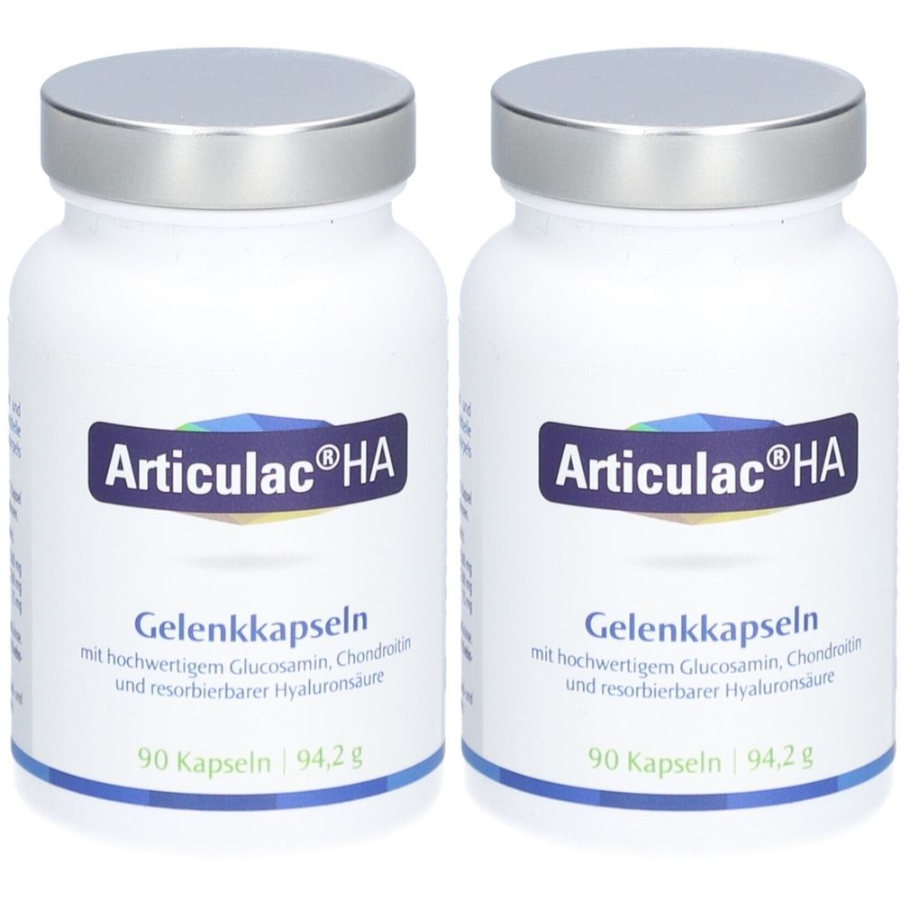 Zwei weiße Flaschen mit silbernen Deckeln. Aufkleber mit "Articulac HA" und Text. Enthält 90 Kapseln.