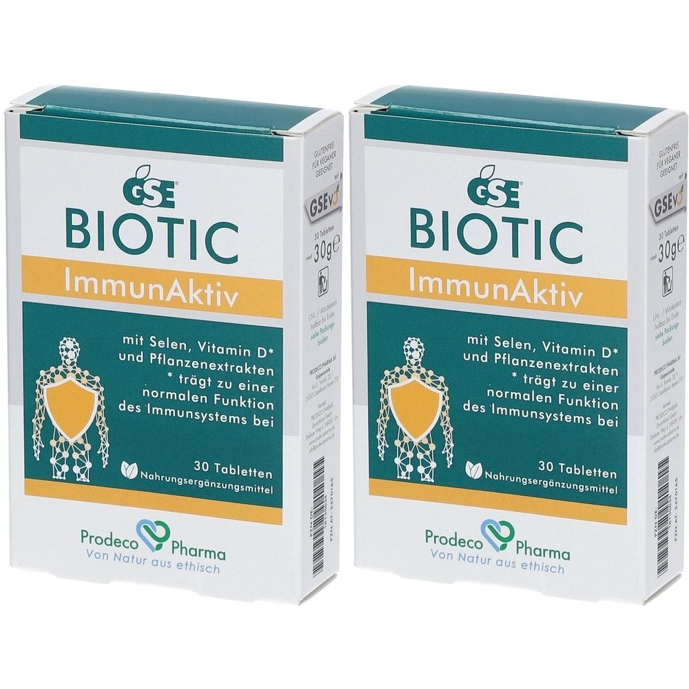 Zwei weiße Schachteln mit grünen und gelben Akzenten. Aufschrift: GSE BIOTIC ImmunAktiv. Enthält 30 Tabletten. Prodeco Pharma.