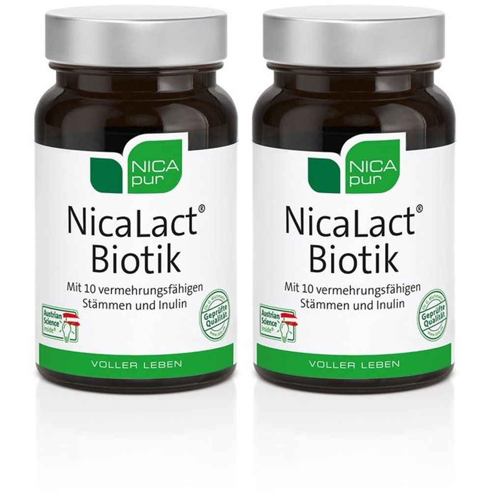 Zwei braune Flaschen mit silbernen Deckeln. Auf den Etiketten steht NicaLact Biotik. Mit 10 vermehrungsfähigen Stämmen und Inulin.