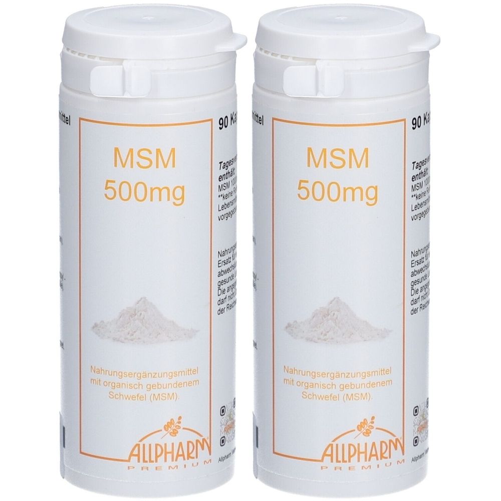 Zwei weiße Flaschen mit Deckel. Aufschrift MSM 500mg. ALLPHARM-Logo. Nahrungsergänzungsmittel mit organisch gebundenem Schwefel.