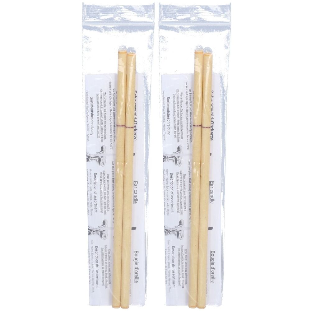 Zwei Packungen Ohrkerzen in transparenten Beuteln. Jede Packung enthält zwei Kerzen und eine Anleitung.