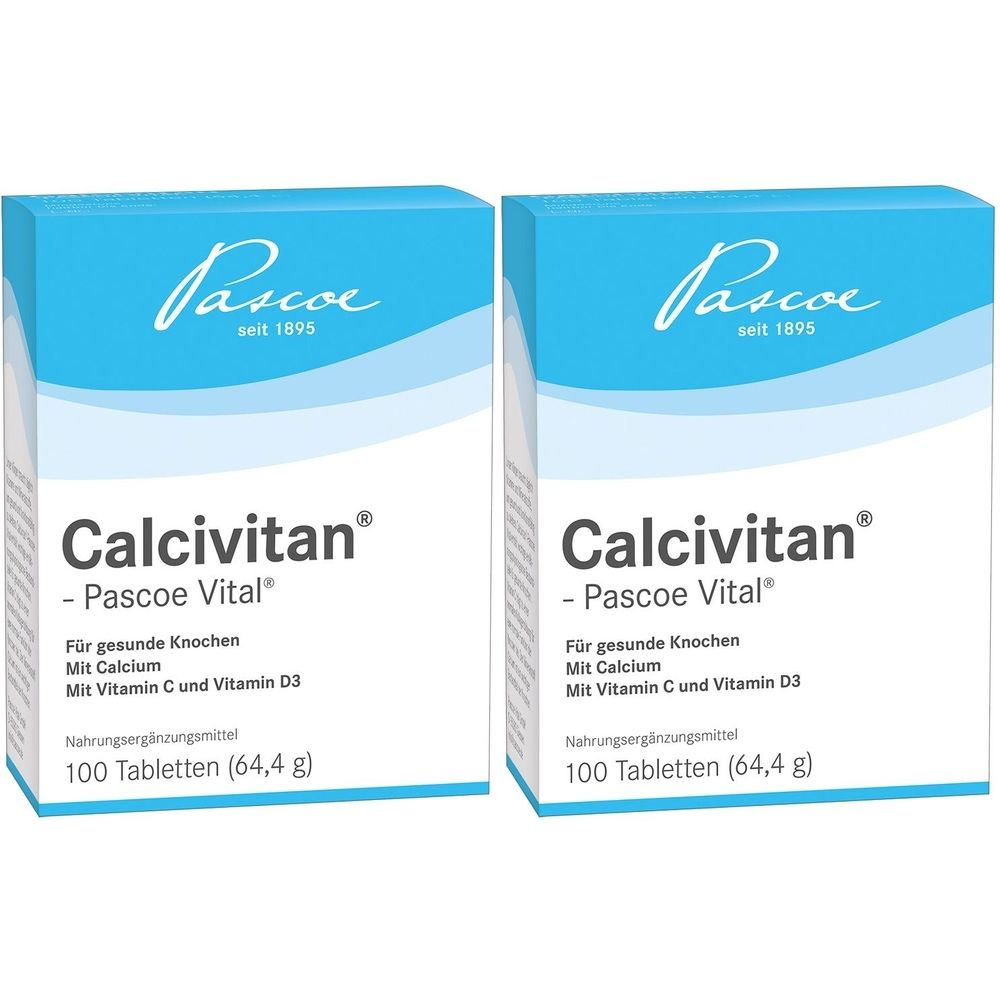 Zwei Packungen Calcivitan®-Pascoe Vital Tabletten. Blaue Schachteln mit weißer Schrift. Enthält Calcium, Vitamin C und D3. 100 Tabletten.