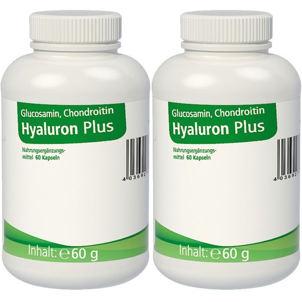 Zwei weiße Flaschen mit Schraubverschluss. Aufschrift: Hyaluron Plus, Nahrungsergänzungsmittel. Inhalt: e60 g.