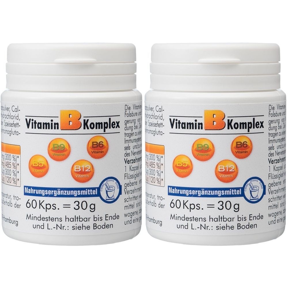 Zwei weiße Dosen mit Deckel. Aufschrift: Vitamin B Komplex. Enthält B3, B6, B12. Nahrungsergänzungsmittel. 60 Kps. = 30g. Mindestens haltbar bis Ende.