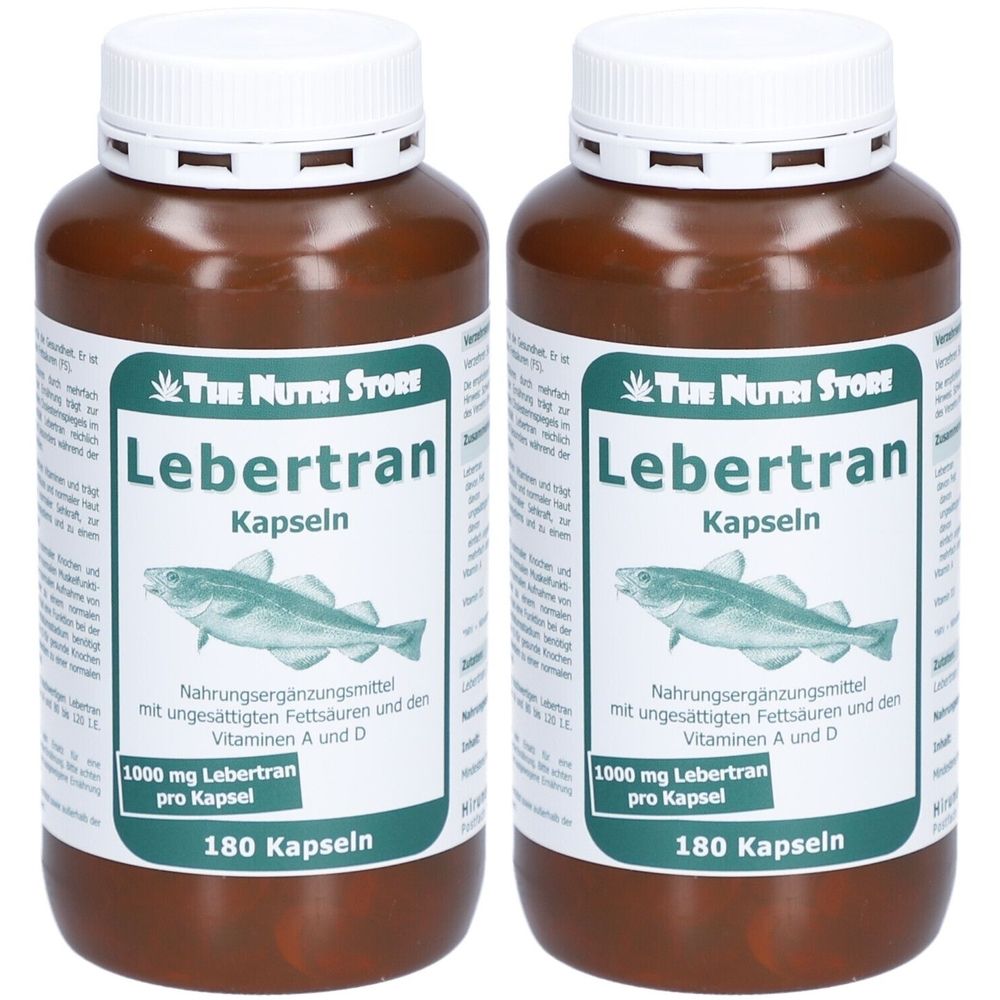 Zwei braune Flaschen mit weißen Deckeln. Auf den Etiketten steht "Lebertran Kapseln" und "The Nutri Store".