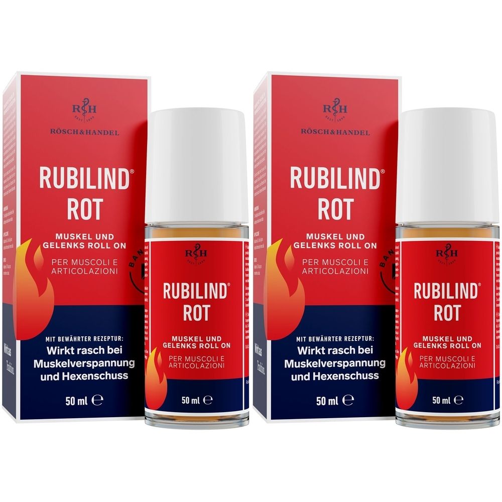 Zwei Flaschen mit Roll-on-Applikator und Verpackung. Rote Aufschrift: RUBILIND ROT. Text: Muskel- und Gelenks Roll-on.