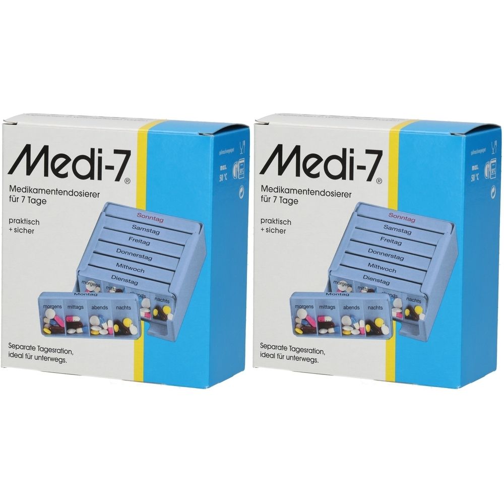 Zwei blaue Medikamentendosierer-Verpackungen. Aufschrift: Medi-7, Medikamentendosierer für 7 Tage. Enthält einen Dosierer für separate Tageseinnahmen.
