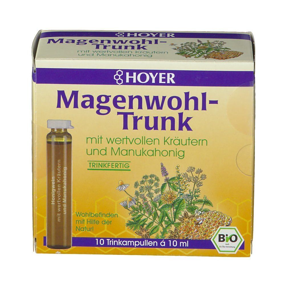 Packung HOYER Magenwohl-Trunk mit einer Trinkampulle und Kräuterdarstellung.