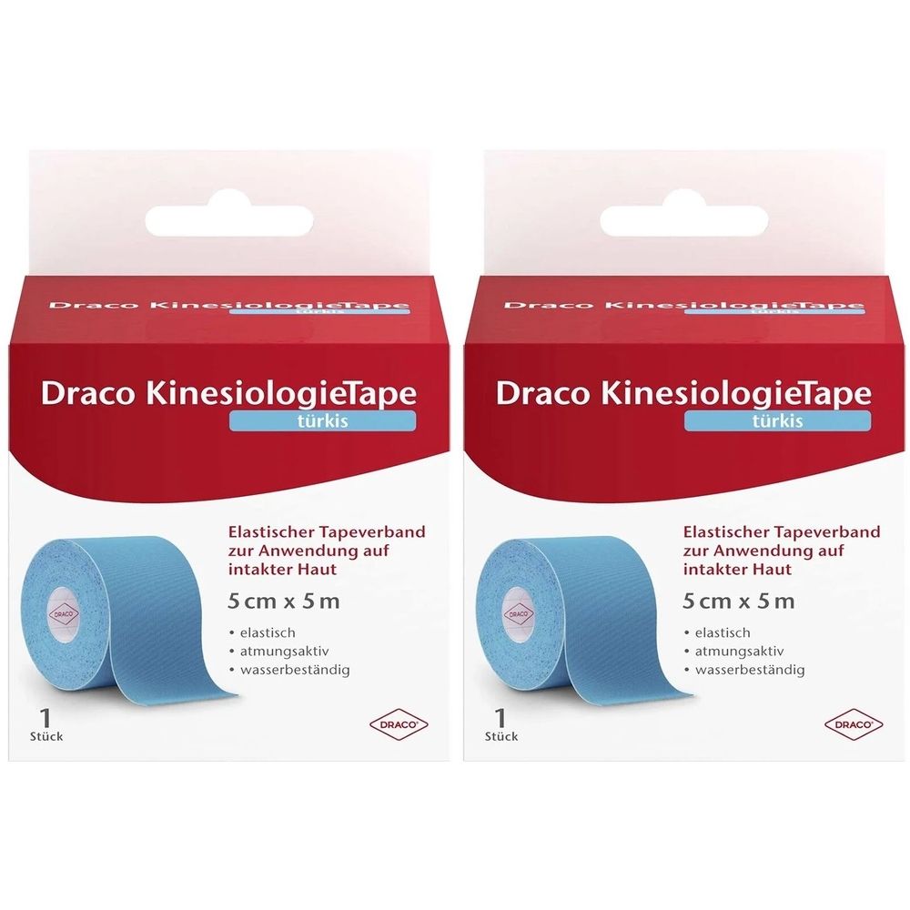 Zwei Packungen Draco KinesiologieTape, türkis. Aufschrift: 5 cm x 5 m, elastisch, atmungsaktiv, wasserbeständig.