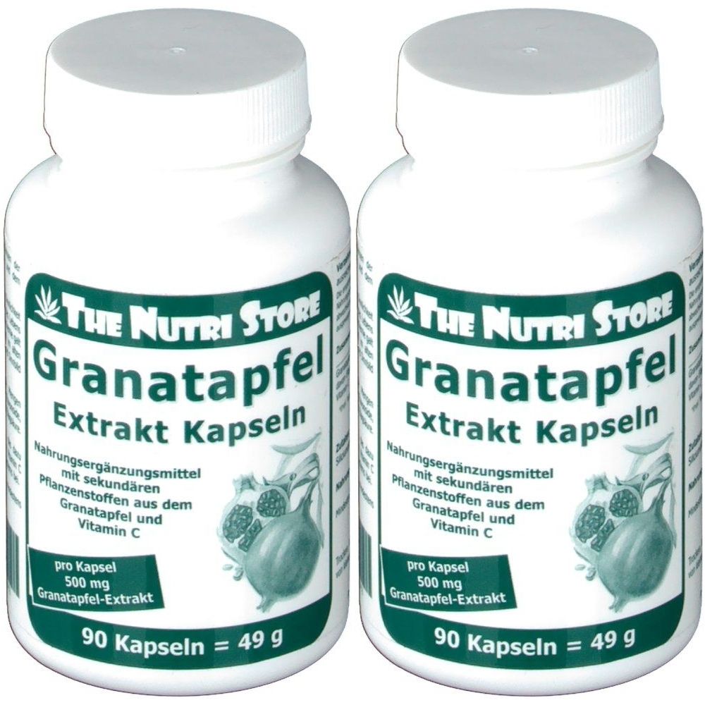 Zwei weiße Flaschen mit Kapseln. Aufschrift: Granatapfel Extrakt Kapseln, 90 Kapseln, 49 g. Marke: The Nutri Store.