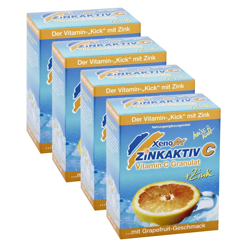Vier Schachteln Xenofit Zinkaktiv C Granulat. Blaue Verpackung mit Produktnamen, Zitrone und Schriftzug. Grapefruit-Geschmack.