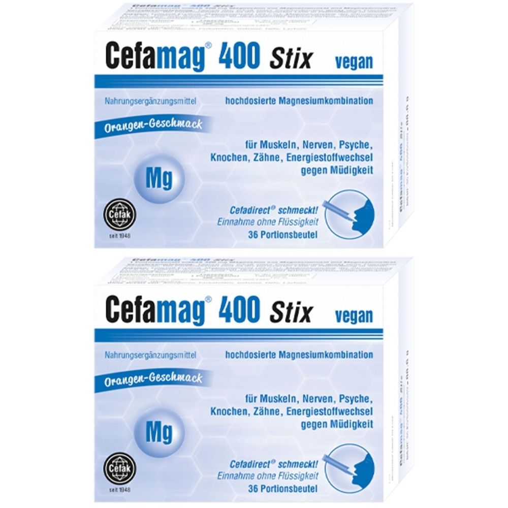 Zwei Packungen Cefamag® 400 Stix. Aufschrift: vegan, Orangen-Geschmack, hochdosierte Magnesiumkombination. Enthält 36 Portionsbeutel.