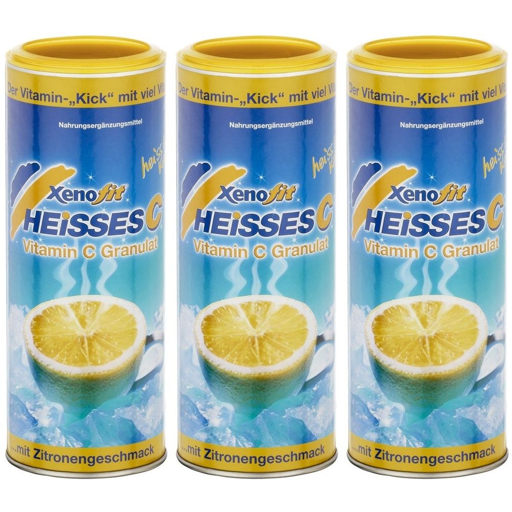 Drei Dosen Xenofit HEISSES C Granulat. Blaue und gelbe Verpackung mit Zitronen-Abbildung. Text: Vitamin C Granulat, mit Zitronengeschmack.