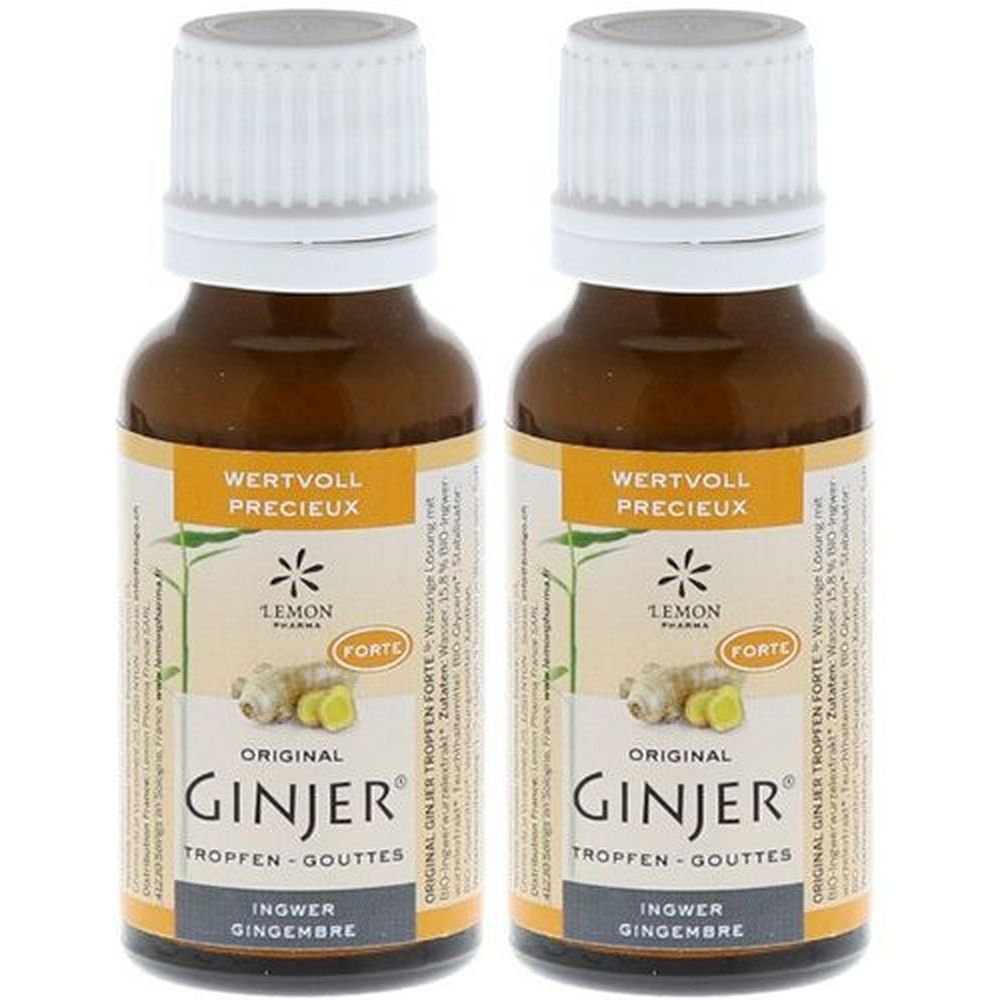 Zwei braune Flaschen mit weißem Verschluss. Auf den Etiketten steht "GINJER" und "FORTE". Die Flaschen enthalten eine Flüssigkeit.
